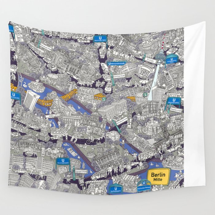 Illustrated map of Berlin-Mitte. Blue Wall Tapestry by cartoon-city  Society6