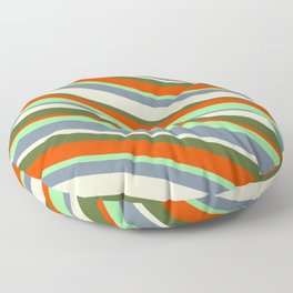 [ Thumbnail: Eyecatching Green, Light Slate Gray, Light Yellow, Dark Olive Green, and Red Colored Lined Pattern Floor Pillow ]
