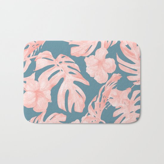 Tropical Palm Leaves and Hibiscus Pink Teal Blue Bath Mat