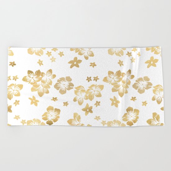 Gold Tropical Flowers Beach Towel