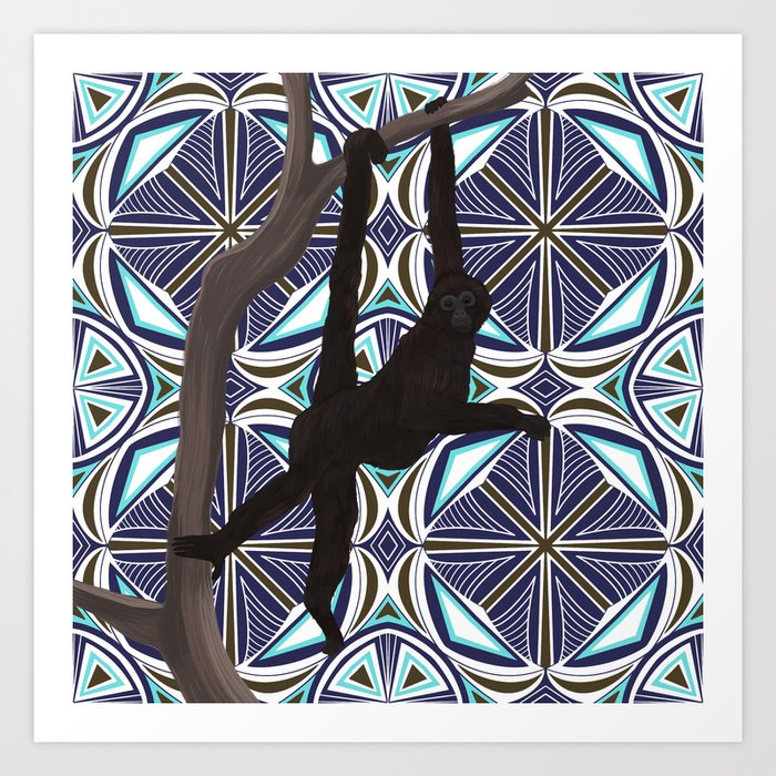 Spider monkey in tree on blue patterned background Art Print