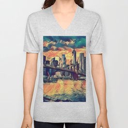 Brooklyn Bridge and Manhattan skyline in New York City V Neck T Shirt