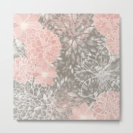 Floral Dahlias, Blush Pink, Gray, White Metal Print