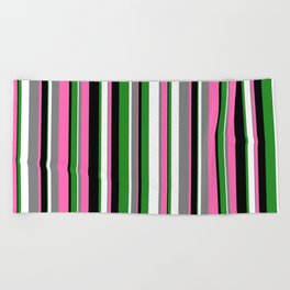 [ Thumbnail: Eyecatching Black, Hot Pink, Gray, White, and Forest Green Colored Stripes/Lines Pattern Beach Towel ]