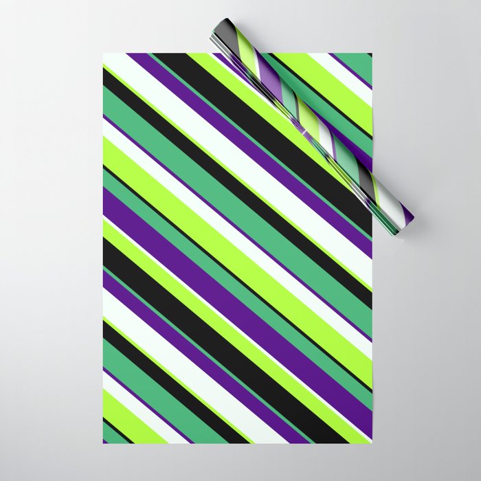 Sea Green, Indigo, Mint Cream, Light Green & Black Colored Lined Pattern Wrapping Paper