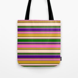 [ Thumbnail: Eyecatching Goldenrod, Dark Green, Hot Pink, Bisque & Indigo Colored Striped/Lined Pattern Tote Bag ]