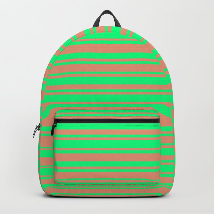 Green and Dark Salmon Colored Lined Pattern Backpack