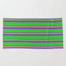 [ Thumbnail: Lime Green, Dark Orchid, and Dark Salmon Colored Lines/Stripes Pattern Beach Towel ]