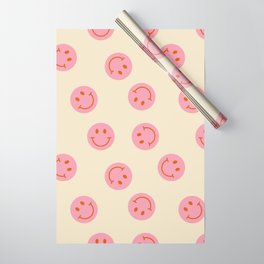 70s Retro Smiley Face Pattern in Beige & Pink Wrapping Paper