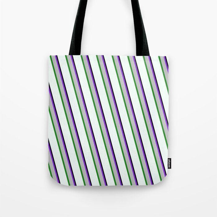 Eye-catching Purple, Grey, Forest Green, Mint Cream, and Black Colored Lined/Striped Pattern Tote Bag