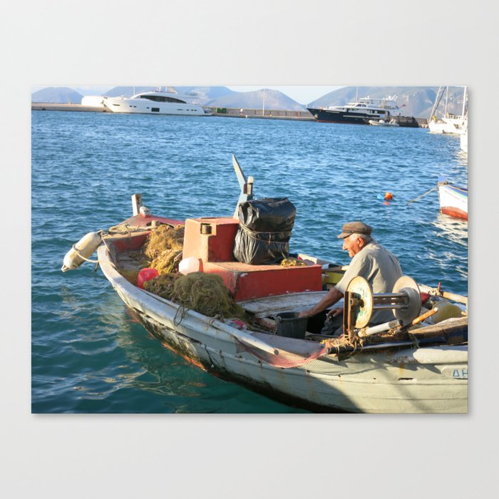 Greek Fisherman Looks On From Boat Canvas Print By Thenaughticals