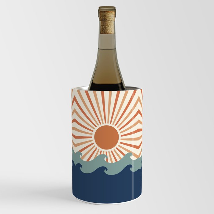 Retro, Sun and Wave Art, Blue and Orange Wine Chiller