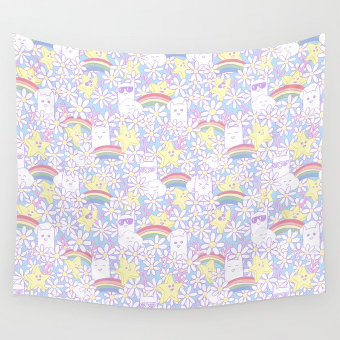Cats, stars, and rainbows seamless pattern. Cute hand drawn doodle pattern. Vector illustration Wall Tapestry