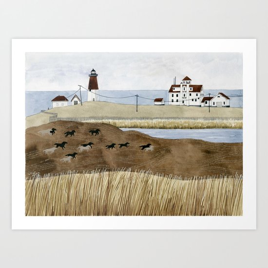 Seashore lighthouse and wild horses Art Print