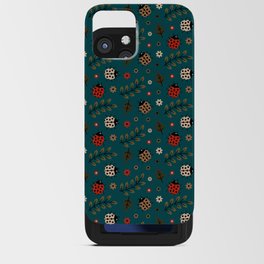 Ladybug and Floral Seamless Pattern on Teal Blue Background iPhone Card Case