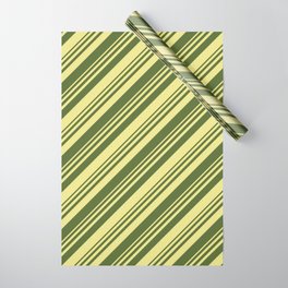 [ Thumbnail: Dark Olive Green & Tan Colored Lined/Striped Pattern Wrapping Paper ]