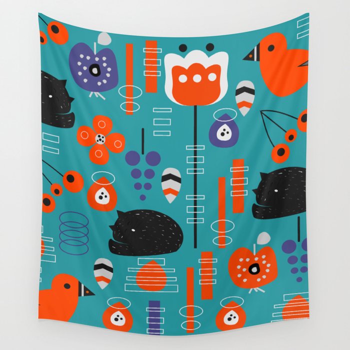 Modern birds and sleepy cats Wall Tapestry