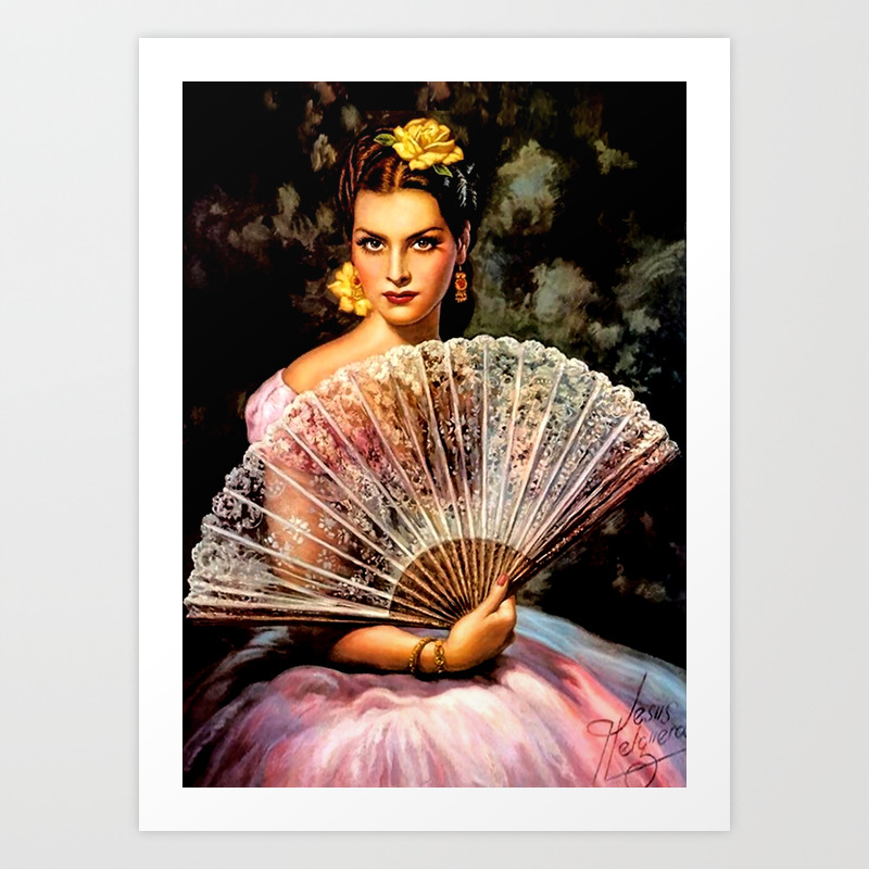 Jesus Helguera Painting Of Spanish Beauty With Lacey Fan Art Print