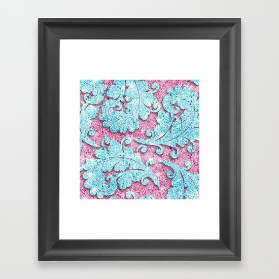 Pink Teal Glitter Girly paisley pattern photo Framed Art Print