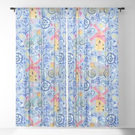 Netherlands Whimsy on Blue Sheer Curtain