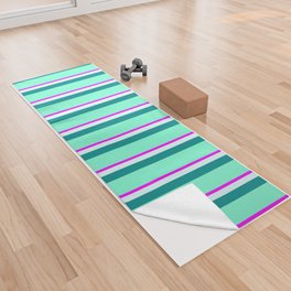 [ Thumbnail: Fuchsia, Light Cyan, Dark Cyan, and Aquamarine Colored Pattern of Stripes Yoga Towel ]