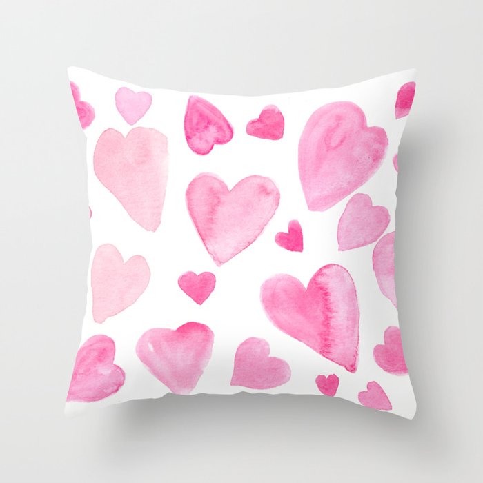 Pink Watercolor Hearts Throw Pillow