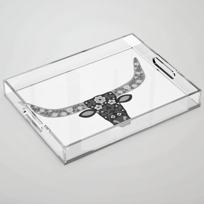 Floral Longhorn – Black and White Acrylic Tray