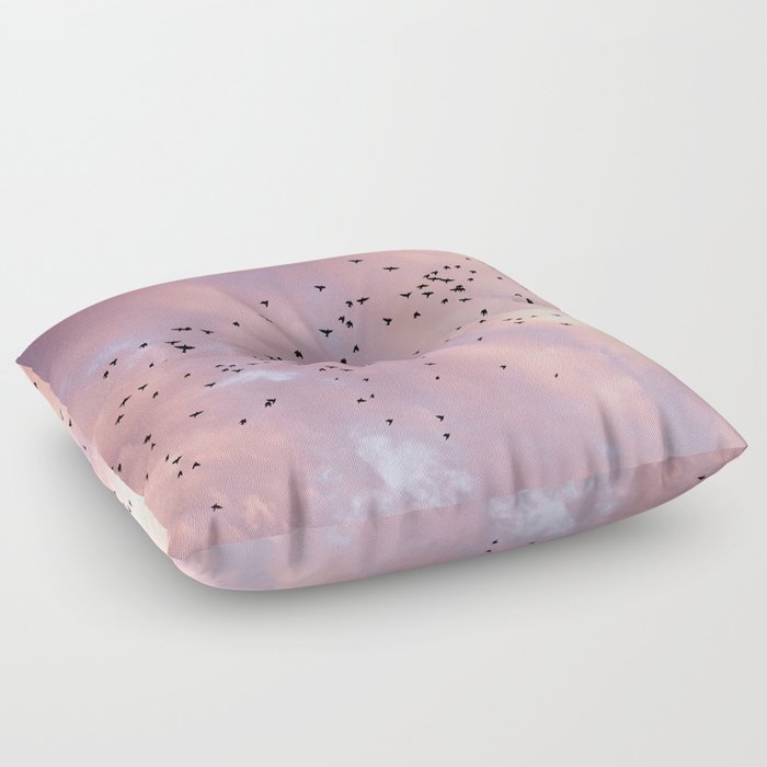 Birds And Sunset Skyscape Sunrise Pink Clouds Unicorn Colours Blush Pink Floor Pillow By Wildhood