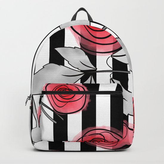 Red roses on black and white striped background. Backpack