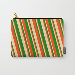[ Thumbnail: Red, Tan, and Green Colored Striped Pattern Carry-All Pouch ]
