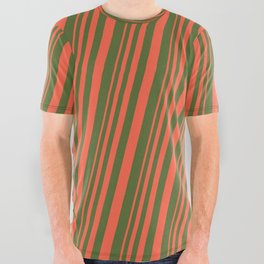 [ Thumbnail: Red and Dark Olive Green Colored Stripes Pattern All Over Graphic Tee ]