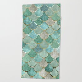 Moroccan Mermaid Fish Scale Pattern, Green and Gold Beach Towel