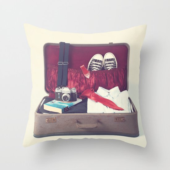 Vintage Journey Suitcase (His) (Retro and Vintage Still Life Photography) Throw Pillow