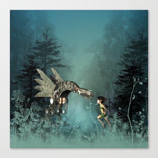 Cute fairy with steam dragon Canvas Print