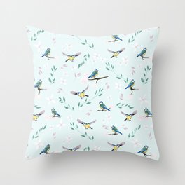 Blue Tit - Botanical Pattern Throw Pillow