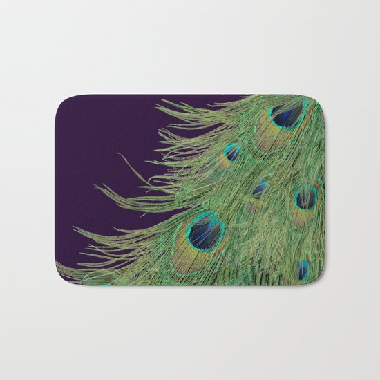 Peacock Feathers on Purple Background Bath Mat