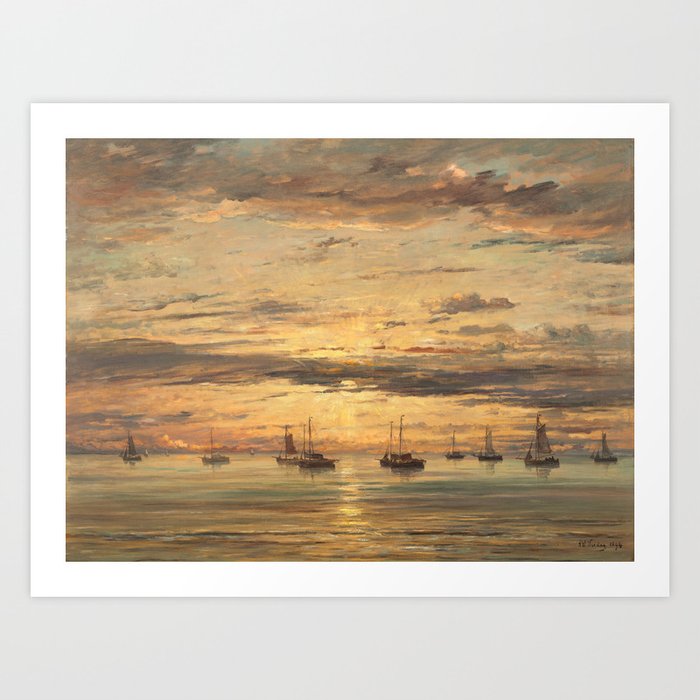 Nautical sunset, Scheveningen: A Fleet of Fishing Vessels at Anchor, 1894, maritime seascape painting by Hendrik Willem Mesdag Art Print
