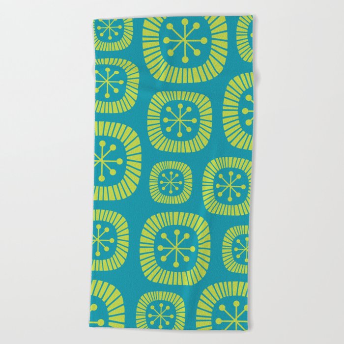 Mid Century Modern Atomic Abstract Composition 244 Cyan Blue and Chartreuse Green Beach Towel by Tony Magner Society6