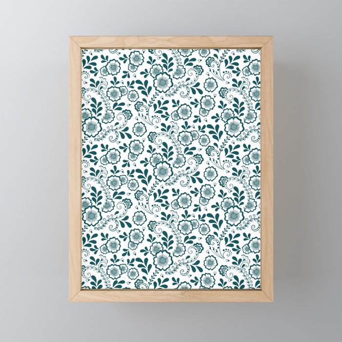 Teal Blue Eastern Floral Pattern Framed Mini Art Print