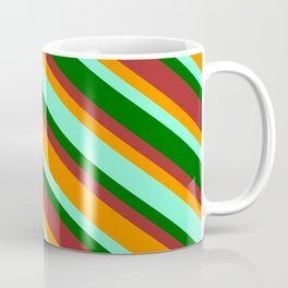 [ Thumbnail: Aquamarine, Dark Green, Brown & Dark Orange Colored Pattern of Stripes Coffee Mug ]