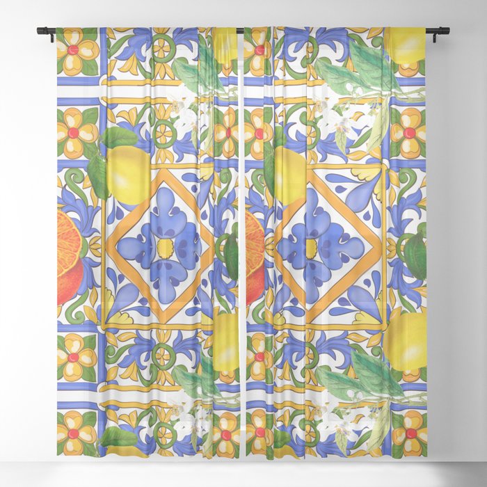 Summer ,Sicilian tiles ,citrus,oranges,majolica,lemons ,Mediterranean  Sheer Curtain