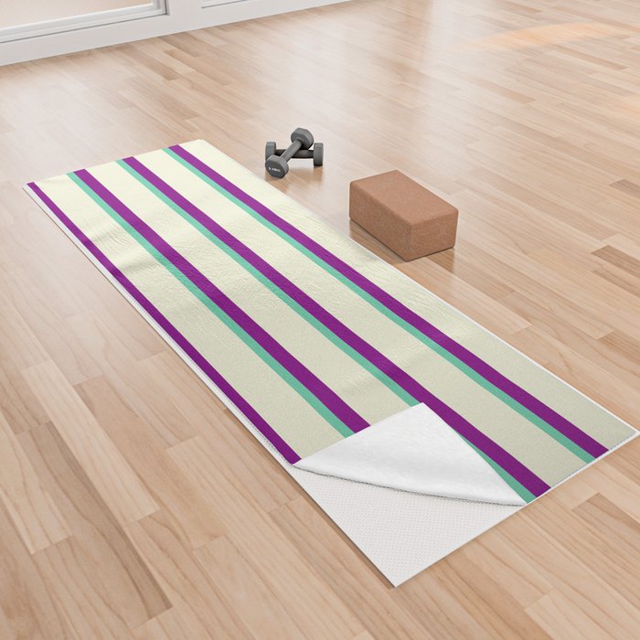 Aquamarine, Beige & Purple Colored Lined Pattern Yoga Towel