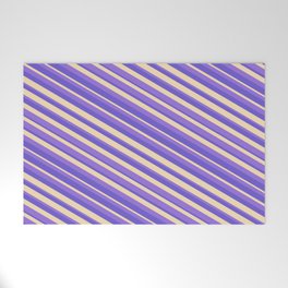 [ Thumbnail: Purple, Slate Blue, and Tan Colored Striped Pattern Welcome Mat ]