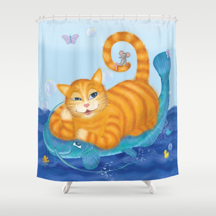 Orange tabby cat & blue catfish  Funny kids illustration Shower Curtain