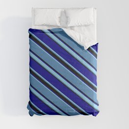 [ Thumbnail: Blue, Black, Dark Blue & Sky Blue Colored Pattern of Stripes Comforter ]