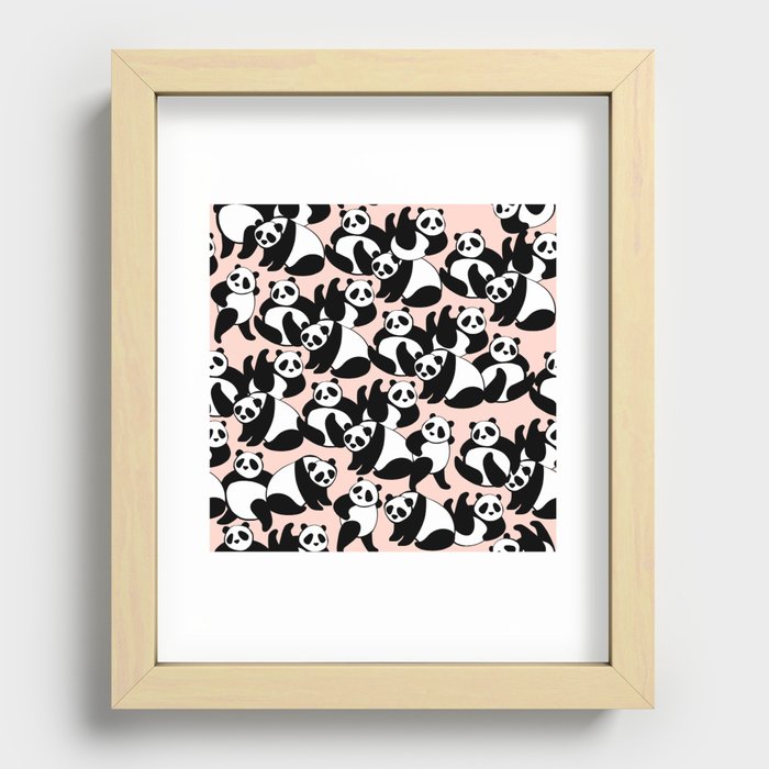 Black and White Panda Playground pattern on Pink Recessed Framed Print