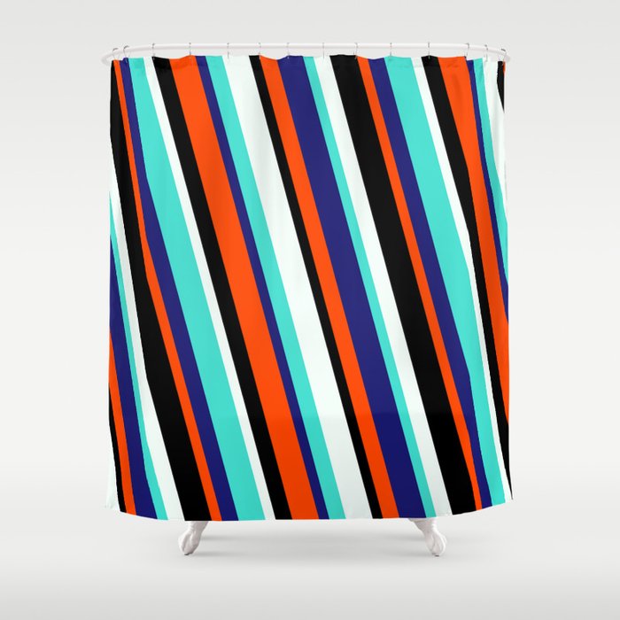 Vibrant Mint Cream, Turquoise, Midnight Blue, Red & Black Colored Lines/Stripes Pattern Shower Curtain