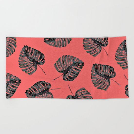 tropical leaves in the red jungle Beach Towel