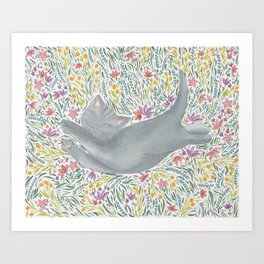 Sleeping Cat Art - Summer Art Print | Digital, Drawing, Pastels, Flowers, Summer, Catportrait, Print, Cute, Cartoon, Adorable 