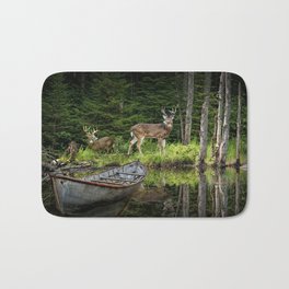 Whitetail Deer at the Edge of a Forest Pond by a Hunting Camp with Canoe Bath Mat | Wild, Animal, Stag, Trophy, Whitetail, Outdoors, Season, Buck, Wildlife, White 